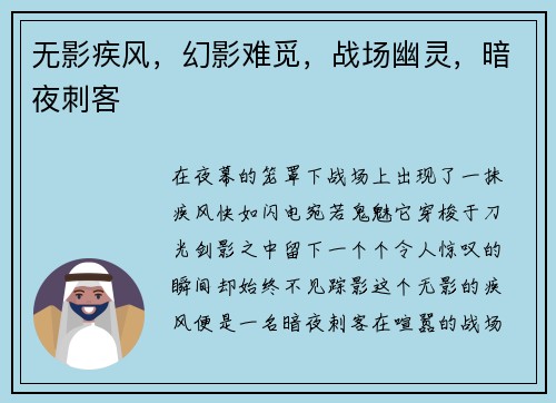 无影疾风，幻影难觅，战场幽灵，暗夜刺客